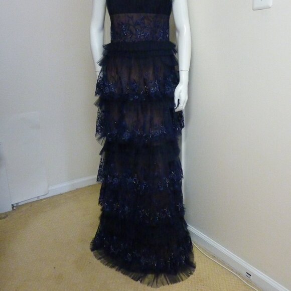 MARCHESA Tiered Terrarium Column Gown In Midnight - Picture 6 of 12